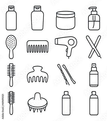 Beauty tools linear icon set. featuring shampoo, conditioner, cream, pump bottle, brush, comb, hairdryer, straightener, and styling essentials.