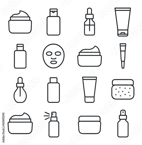 Cosmetics and skincare linear icon set. featuring cream, serum, lotion, mask, spray, and tube symbols