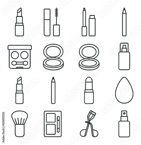 Beauty products linear icon set. featuring lipstick, mascara, makeup palette, eyeliner, and perfume spray