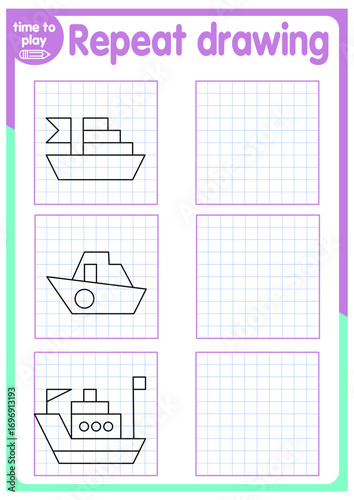 Educational game for kids. Simple exercise.  Drawing using grid. Symmetrical drawing. Vector illustration.