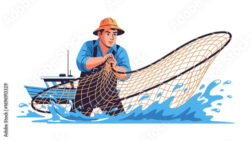 Fisherman at Work: A sturdy fisherman, standing confidently aboard his boat, casts his net into the ocean, capturing the essence of a skilled fisherman and the beauty of the sea.