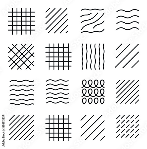 Textile pattern silhouette icon set. featuring grid, stripe, plaid, wave, and line symbols