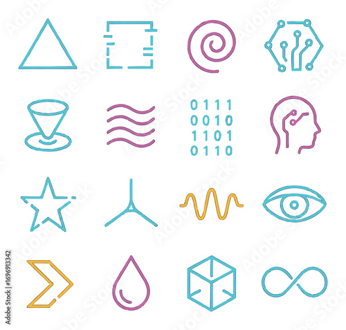 Neon glowing linear icons set. featuring triangle, circuit, head, wave, eye, hexagon, star, cube, infinity, spiral