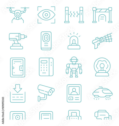 Security and surveillance linear icon set. featuring drone, eye, barrier, fence, camera, robot, alarm, and car symbols