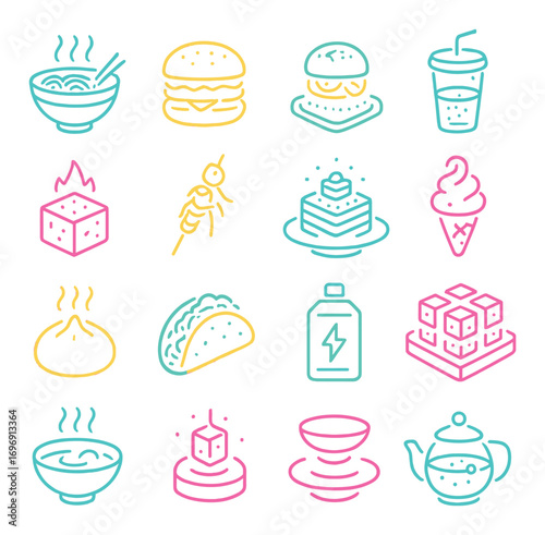 Neon food silhouette icon set. featuring ramen, burger, soda, tofu, kebab, cake, ice cream, dumpling, taco, energy drink
