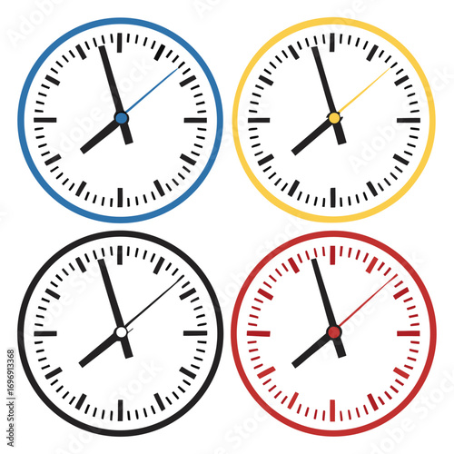 Vibrant collection of four classic clocks with colorful accents showing time management concepts for business and education, deadline reminders, and schedules