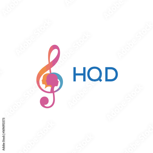 HQD “Colorful music logo with human faces and treble clef design” HQD Later Logo, “Creative music academy logo with silhouette heads and notes” 
