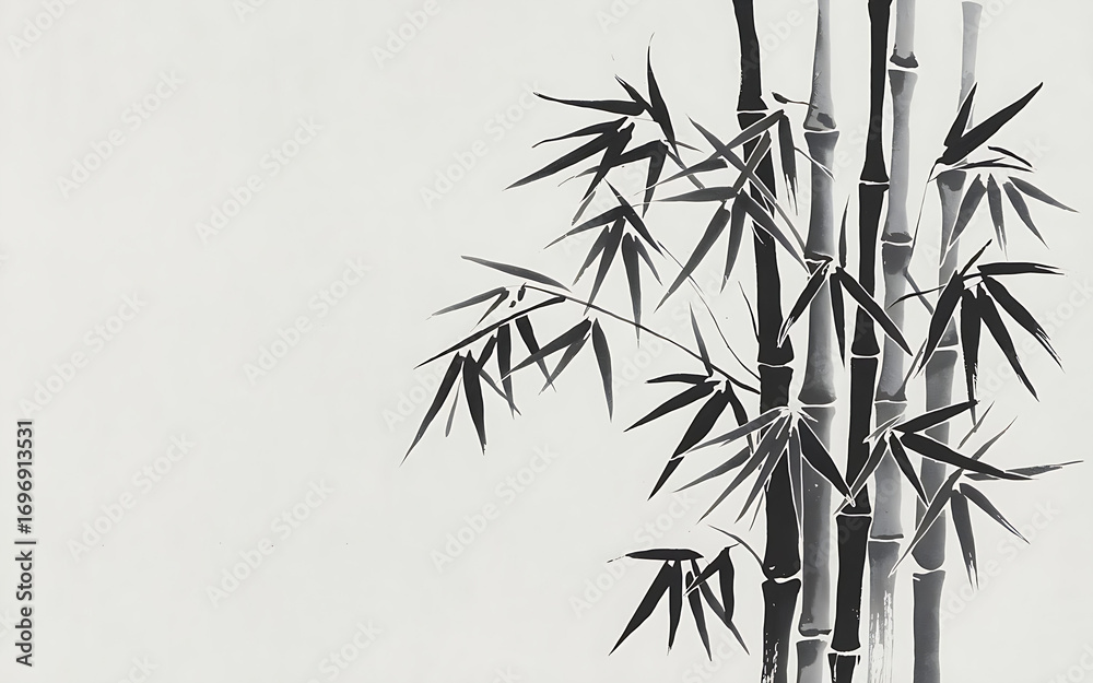 Obraz premium The image is a minimalist black and white illustration of a cluster of bamboo stalks and leaves, characterized by bold lines and varying gray shades.