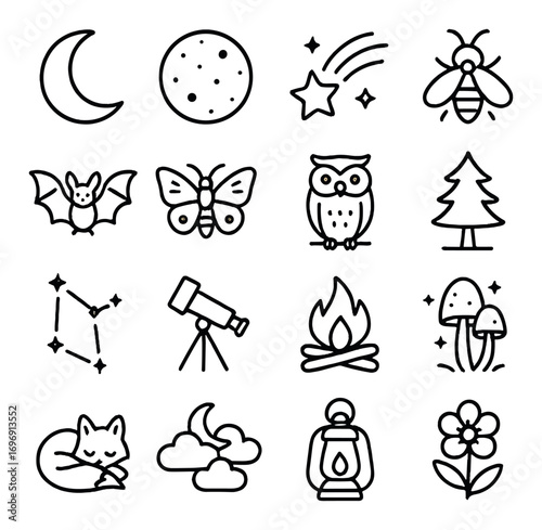 Nature and night linear icon set. featuring moon, stars, firefly, bat, owl, tree, constellation, telescope, campfire