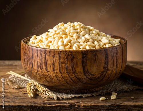 Wooden bowl filled with puffed rice
