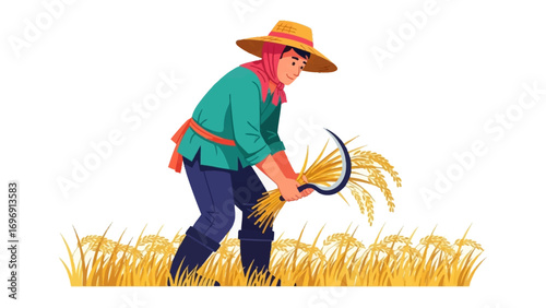 Harvesting Wheat: This vibrant illustration captures a farmer harvesting wheat, set against a bright landscape. The farmer, clad in traditional attire, works diligently, sickle in hand.