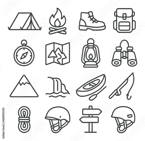 Camping gear linear icon set. featuring tent, campfire, boot, backpack, compass, map, lantern, binoculars