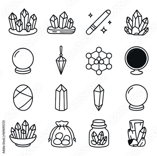 Crystals and gems linear icon set. featuring quartz, orb, wand, pyramid, and gemstone symbols