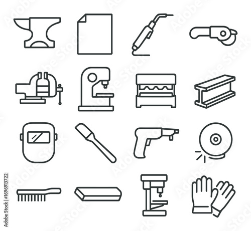 Metalworking tools linear icons set. featuring anvil, sheet, plasma cutter, grinder, vise, drill, and welding mask
