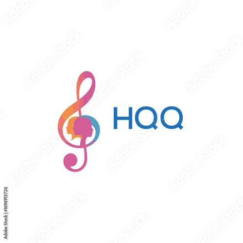 HQQ “Colorful music logo with human faces and treble clef design” HQQ Later Logo, “Creative music academy logo with silhouette heads and notes” 
