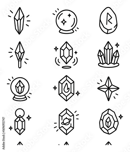 Magic elements silhouette icon set. featuring crystal, orb, rune, wand, gem, star, and cosmos symbols