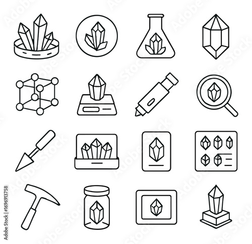 Geology linear icon set. featuring crystal, molecule, beaker, gem, magnifier, pickaxe, and notebook icons