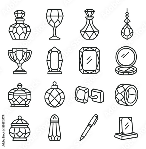 Luxury items linear icon set. featuring perfume, wine glass, trophy, mirror, and pen symbols