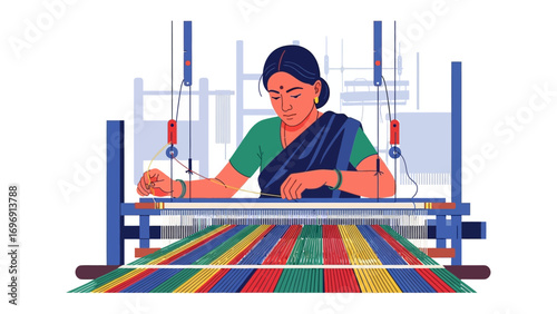 Artisan's Craft: A woman is seen diligently working at a traditional loom, creating a vibrant and colorful textile, showcasing the intricate artistry of hand-weaving.