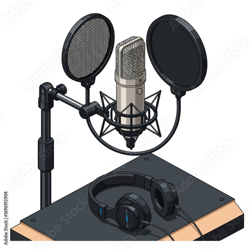 3D mic pop filter vector illustration for a podcast or music studio with headphones