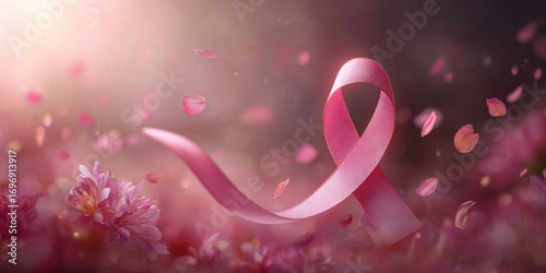 A prominent pink ribbon, a symbol of breast cancer awareness, is centered in the foreground. It is surrounded by a soft focus of pink petals and flowers, with some petals gently.