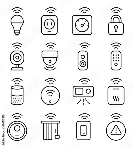 Smart home linear icon set. featuring light bulb, outlet, thermostat, lock, camera, bell, remote, and speaker symbols