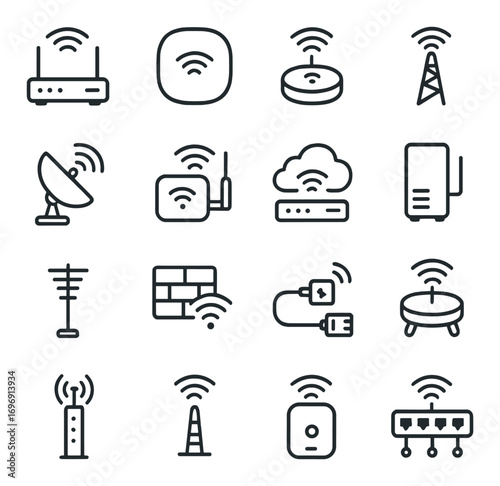 Networking devices linear icon set. featuring router, satellite, access point, modem, and usb adaptor symbols