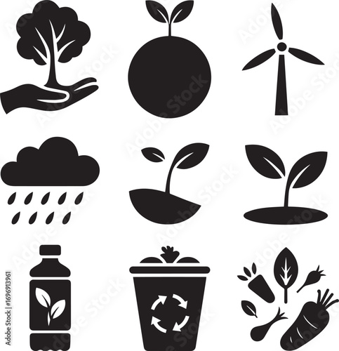 Diverse nature and sustainability icons featuring plants and renewable energy ecology growth
