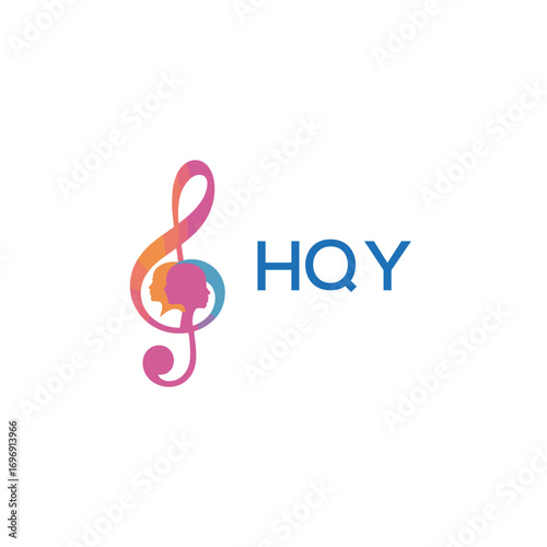 HQY “Colorful music logo with human faces and treble clef design” HQY Later Logo, “Creative music academy logo with silhouette heads and notes” 
