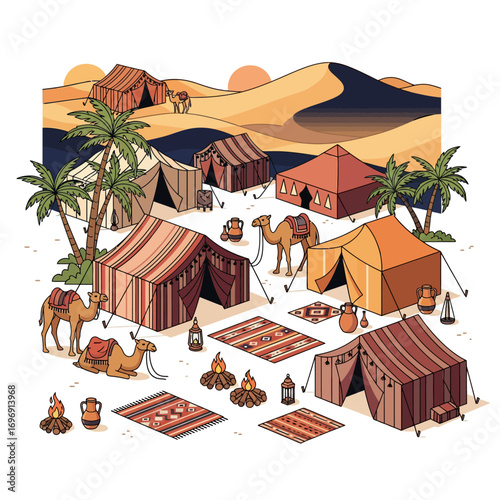 Bedouin camp illustration with camels, tents, and desert landscape