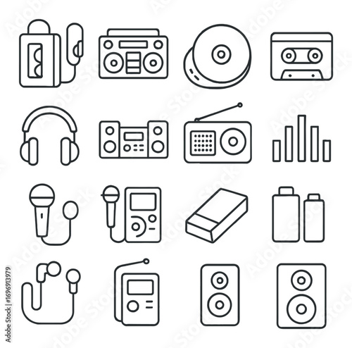 Music devices linear icon set. featuring headphones, cassette, radio, speaker, microphone, and cd symbols