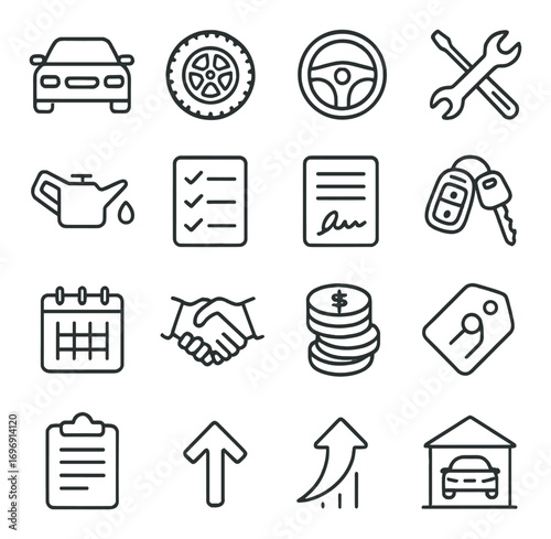 Automobile maintenance linear icon set. featuring car, wheel, steering, tools, oil, checklist, and key symbols