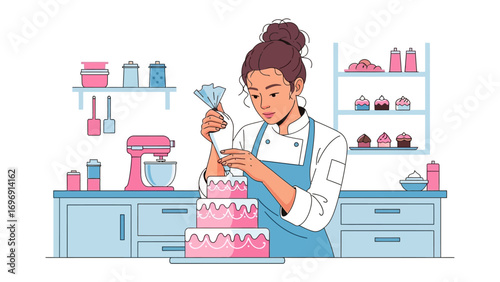 Pastry Chef’s Artistic Cake Creation: A skilled pastry chef meticulously decorates a multi-tiered cake, embodying the elegance and precision of the culinary arts.