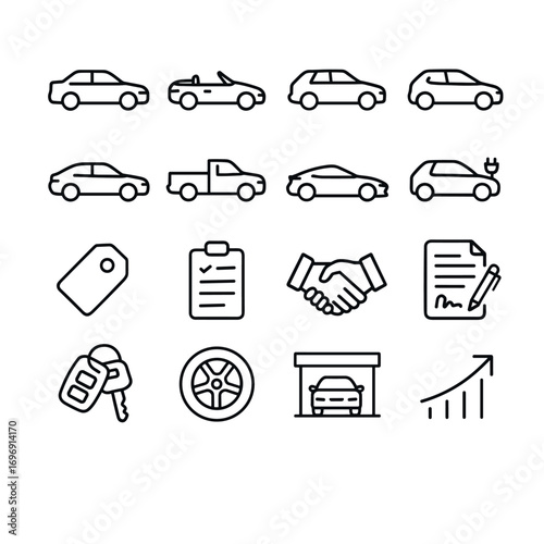 Vehicle and accessories linear icon set. featuring car, truck, electric, tag, checklist, handshake, document