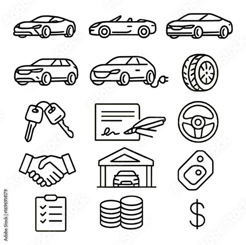 Car dealership linear icon set. featuring sedan, convertible, suv, hybrid, tire, keys, contract, steering, handshake, garage, remote, checklist, coins, money.