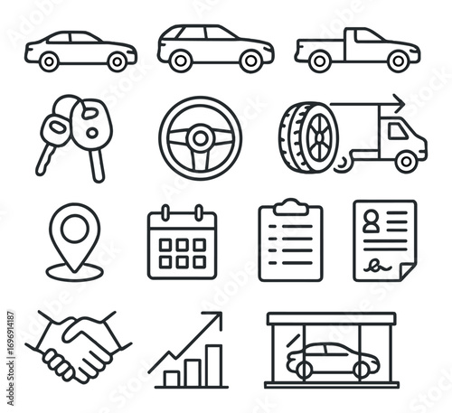 Automotive linear icon set. featuring car, steering wheel, map pin, calendar, and tire symbols