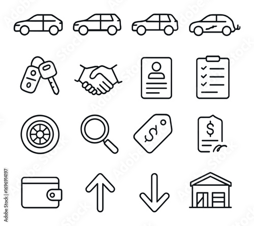 Automotive linear icon set. featuring car, keys, handshake, id, checklist, tire, magnifying glass, tag, invoice, wallet, arrows, warehouse