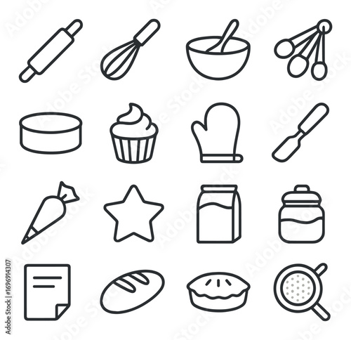 Baking tools linear icon set. featuring rolling pin, whisk, bowl, measuring spoons, cupcake, oven mitt, and spatula