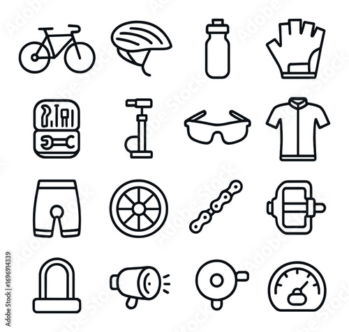 Cycling gear linear icon set. featuring bicycle, helmet, bottle, gloves, tools, pump, glasses, jersey, shorts, wheel, chain, pedal, lock, light, bell, speedometer