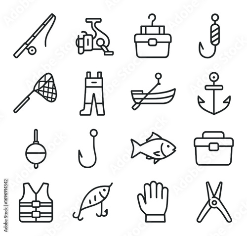 Fishing gear linear icon set. featuring rod, reel, tackle box, hook, net, boat, anchor