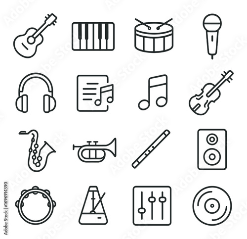 Music equipment linear icon set. featuring guitar, keyboard, drum, microphone, headphones, sheet music, note, violin