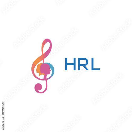 HRL “Colorful music logo with human faces and treble clef design” HRL Later Logo, “Creative music academy logo with silhouette heads and notes” 

