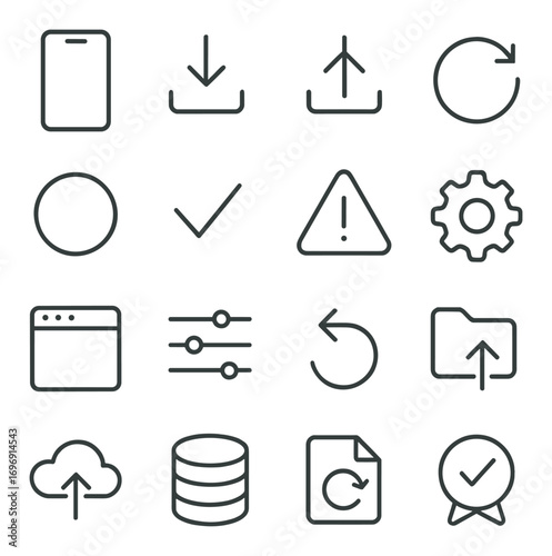File management linear icon set. featuring download, upload, refresh, settings, and cloud storage symbols