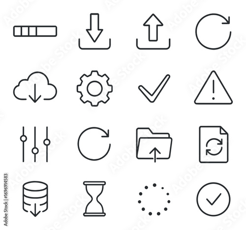 Technology operations linear icon set. featuring upload, download, settings, sync, checkmark, and alert symbols