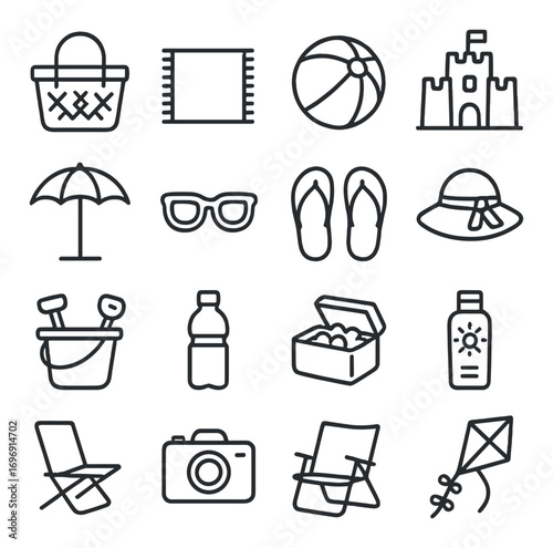 Beach vacation linear icon set. featuring basket, towel, beach ball, sandcastle, umbrella, sunglasses