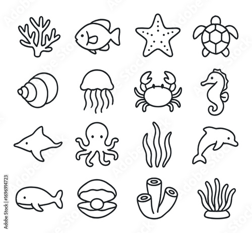 Marine life linear icon set. featuring coral, fish, starfish, turtle, shell, jellyfish, crab, seahorse