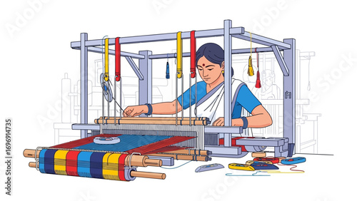 Artisan Weaver at Work: An artisan, diligently working a loom, showcasing the traditional craft of textile creation.