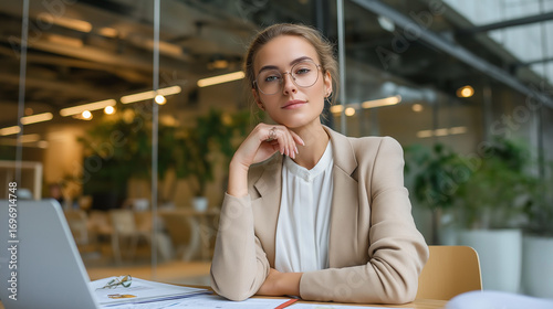 Professional Woman Working with Focus and Confidence in a Modern Office
