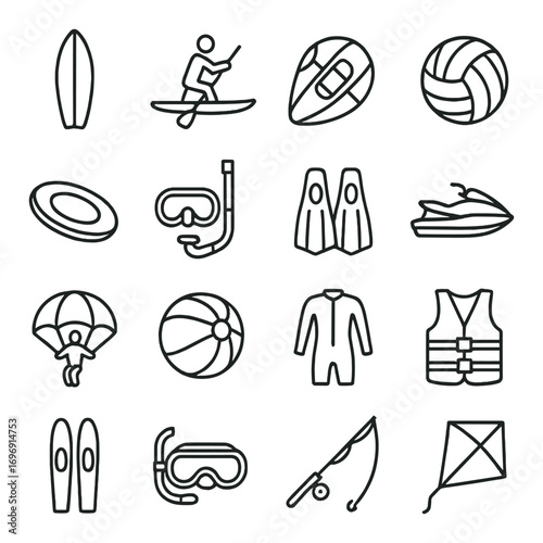 Water sports linear icon set. featuring surfboard, kayak, parasailing, volleyball, jet ski, snorkel, and parachute symbols