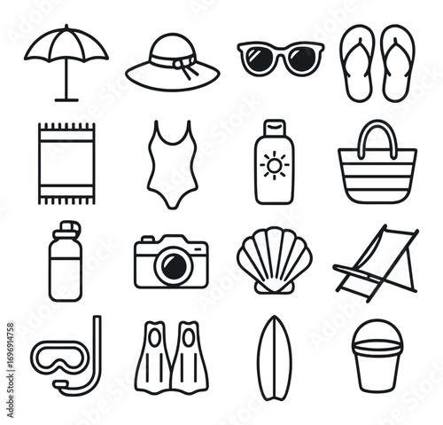 Beach accessories linear icon set. featuring umbrella, sunglasses, flip-flops, swimsuit, sunscreen, and camera